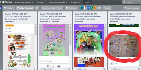 Głosowanie w Trello na plakat w projekcie etwinning gr IV "Swiatowy Dzień Jedzenia"