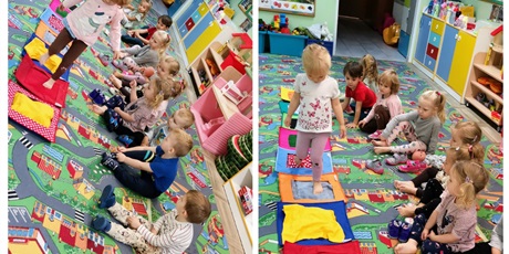 Powiększ grafikę: zabawy z wykorzystaniem mat sensorycznych, dzieci gołymi stopami chodzą po matach wyczuwając ich strukturę i właściweości