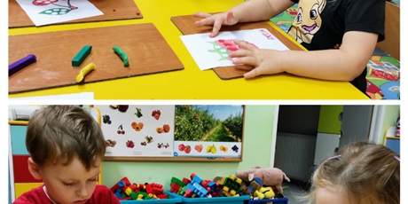 Powiększ grafikę: dzieci wyklejają plasteliną owoce