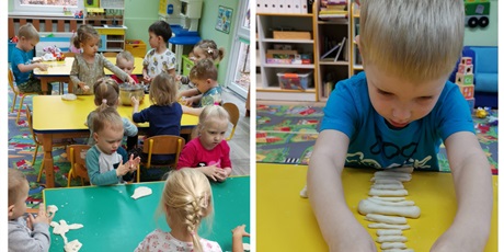 Powiększ grafikę: zabawy plastyczne z masą solną, dzieci formują wałeczki, kulki, figurki lub wycinaka kształty foremkami