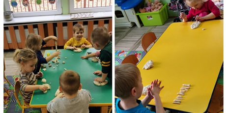 Powiększ grafikę: zabawy plastyczne z masą solną, dzieci formują wałeczki, kulki, figurki lub wycinaka kształty foremkami