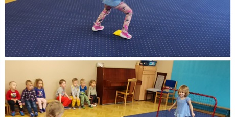 Powiększ grafikę: zabawy ruchowe z piłkoą na sali gimnastycznej - kopanie piłki do bramki
