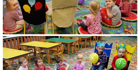 Powiększ grafikę: dzieci świętują urodziny Kuby i szymona, wręczają prezenty i częstują się cukierkami