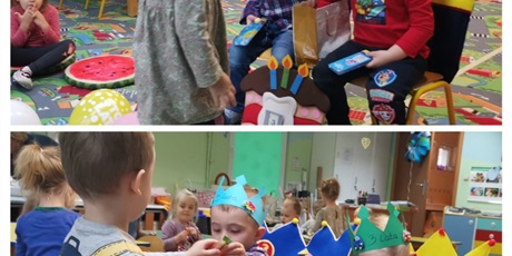 Powiększ grafikę: dzieci świętują urodziny Kuby i szymona, wręczają prezenty i częstują się cukierkami