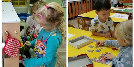 Powiększ grafikę: Laura bawi się z julka w kuchni a Żywia i Igor układaja puzzle