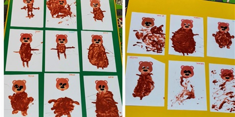 Powiększ grafikę: dzieci namalowały farbą misia - dorysowały tułów i łapki, oto prace dzieci