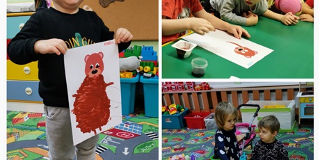 Powiększ grafikę: Dzieci domalowują do głowy misia resztę jego ciała, malują paluszkiem brązową farbą