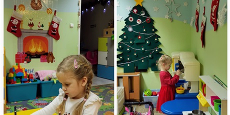 Powiększ grafikę: Matylda koloruje choinkę a Laura gotuje obiad w przedszkolnej zabawkowej kuchni