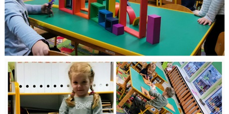 Powiększ grafikę: Swobodna zabawa, Matylda wozi w wózku lalki i kotka, Misia i Igor lepią ludziki z plastelin,. Marysia i Julka wycinaja i wyklejaja kolorowy papier