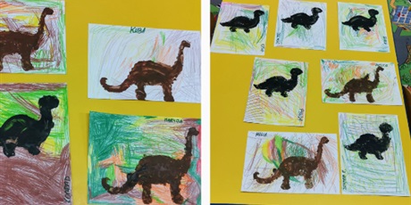 Powiększ grafikę: Dzieci wypełniają szablon farbą - tworząc dinozaura, praca dzieci