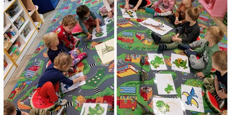 Powiększ grafikę: dzieci układają obrazki dinozaura z trzech części