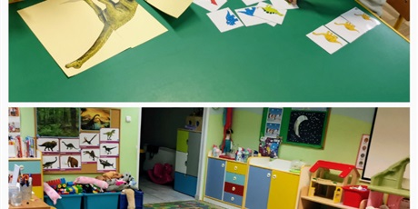 Powiększ grafikę: dzieci pracują przy stoliku, uikładają sylwety dinozaurów