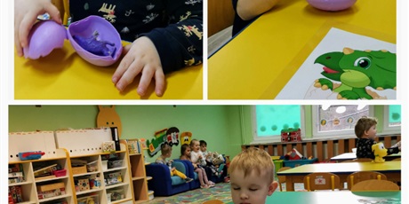 Powiększ grafikę: Dzieci bawią się przy stoliku wybranymi akcesoriami o tematyce związanej z dinozaurami