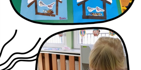 Powiększ grafikę: Żywia wykleja karmnik dla ptaków poniżej prace dzieci