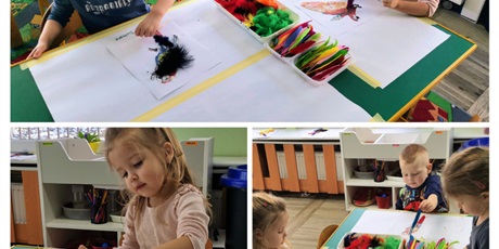 Powiększ grafikę: dZIECI WYKLEJAJĄ SYLWETY PAPUGI KOLOROWYMI PIÓRKAMI