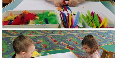 Powiększ grafikę: dZIECI WYKLEJAJĄ SYLWETY PAPUGI KOLOROWYMI PIÓRKAMI