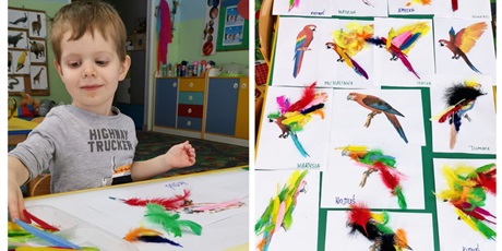 Powiększ grafikę: dZIECI WYKLEJAJĄ SYLWETY PAPUGI KOLOROWYMI PIÓRKAMI