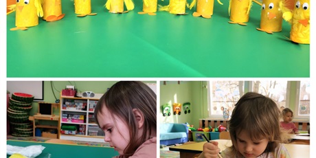 Powiększ grafikę: Kamila i Julka wykonują pracracę plastyczną kurczaka