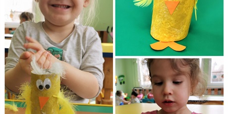 Powiększ grafikę: Amelia i Marysia wykonują pracracę plastyczną kurczaka