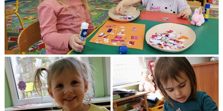 Powiększ grafikę: Kasia, Kamila, Idalka I Żywia wyklejają kolorowymi ścinkami papieru kolorowe kartki