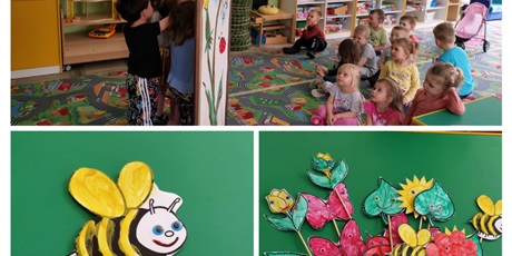 Powiększ grafikę: Dzieci realizują przedstawienie o wiośnie kukiełkami z papieru, które wcześniej wykonały