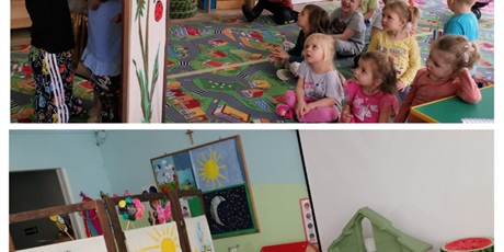 Powiększ grafikę: Dzieci realizują przedstawienie o wiośnie kukiełkami z papieru, które wcześniej wykonały