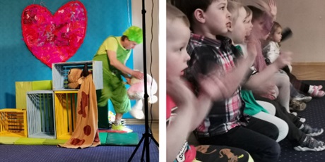 Powiększ grafikę: Teatrr QFER w przedszkolu, dzieci oglądają przedstawienie o zwierzątkach z wiejskiej zagrody