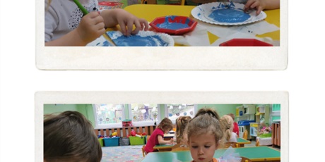 Powiększ grafikę: dzieci malują niebieską i zieloną farba papierowe talerzyki - obrazek Ziemii naszej planety