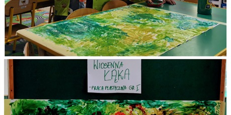 Powiększ grafikę: Dzieci wykonują pracę plastyczną wiosenna łąka farbę eozprowadzają rączkami na dużym arkuszu papieru
