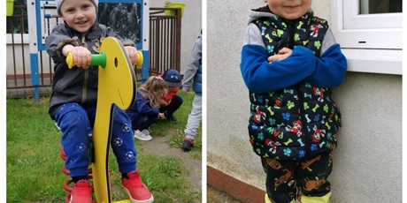 Powiększ grafikę: Szymon i Konrad podczas zabawy na przedszkolnym placu zabaw