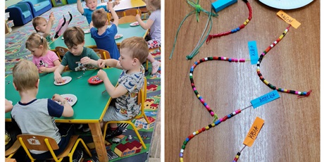 Powiększ grafikę: dzieci nawlekają kolorowe koraliki na sznureczek