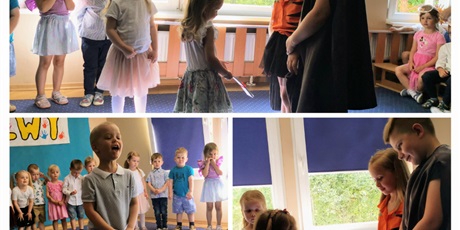 Powiększ grafikę: Franio recytuje wierszyk, Matylda i Michalinka wręczają zakładki - upominki dla Starszaków
