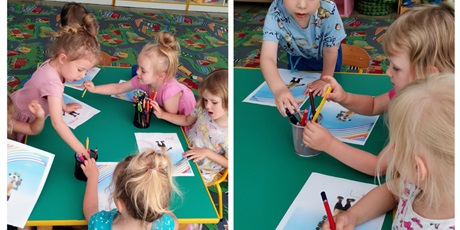 Powiększ grafikę: Dzieci malują po śladzie -wykonują kartę pracy: tęcza